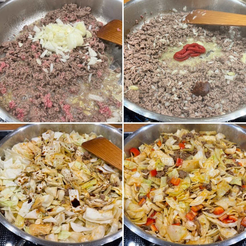 Schritte zum Kochen von Hackfleisch mit Zwiebeln und Tomatenmark in einer Pfanne.