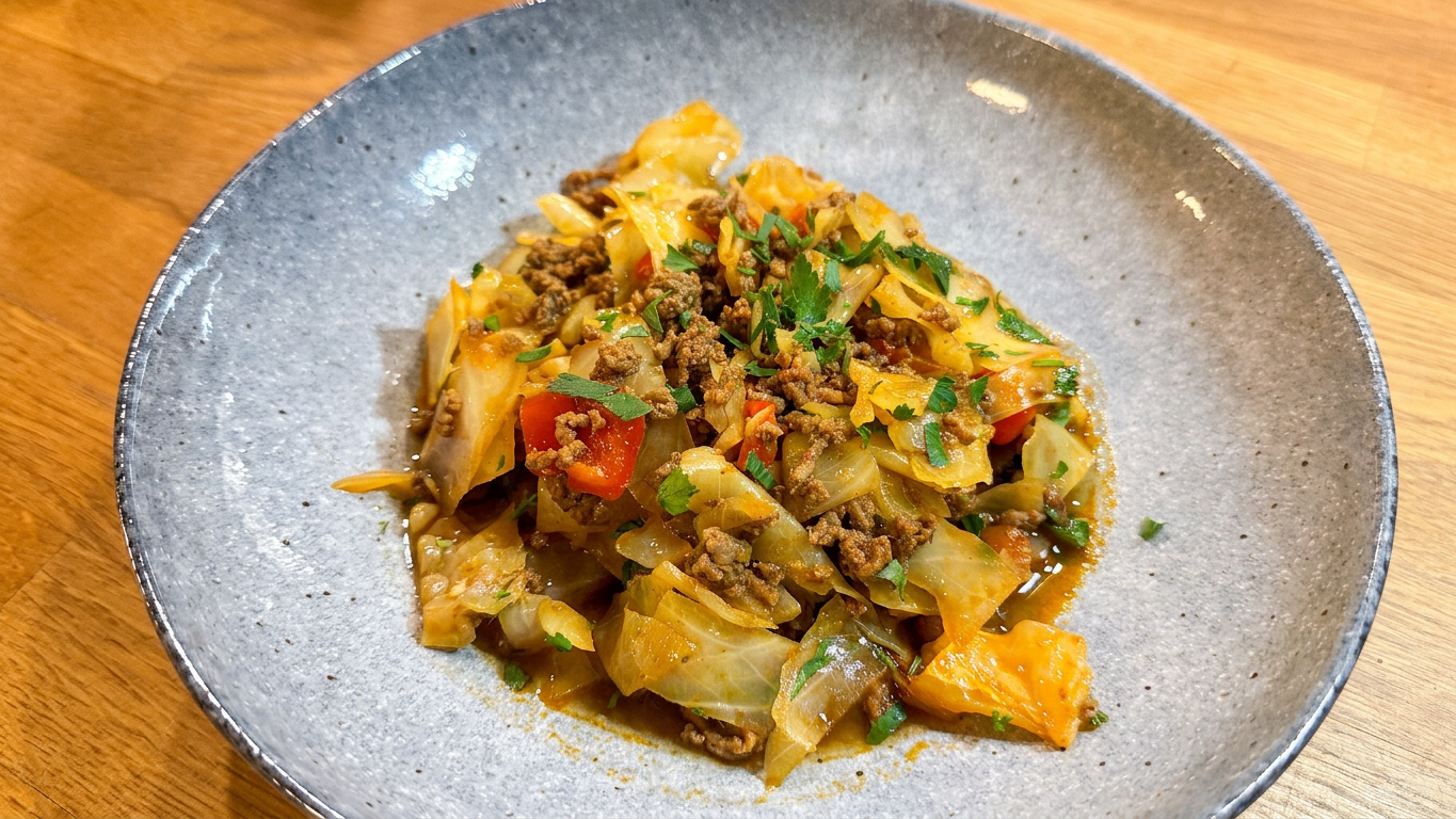 Eine Schüssel mit einem Gericht aus gehacktem Fleisch, Kopfkohl, Paprika und Kräutern auf einem Holzuntergrund.